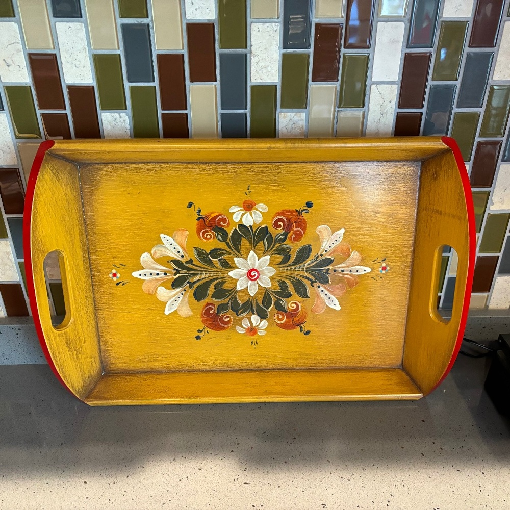 Never used hand made floral wood tray